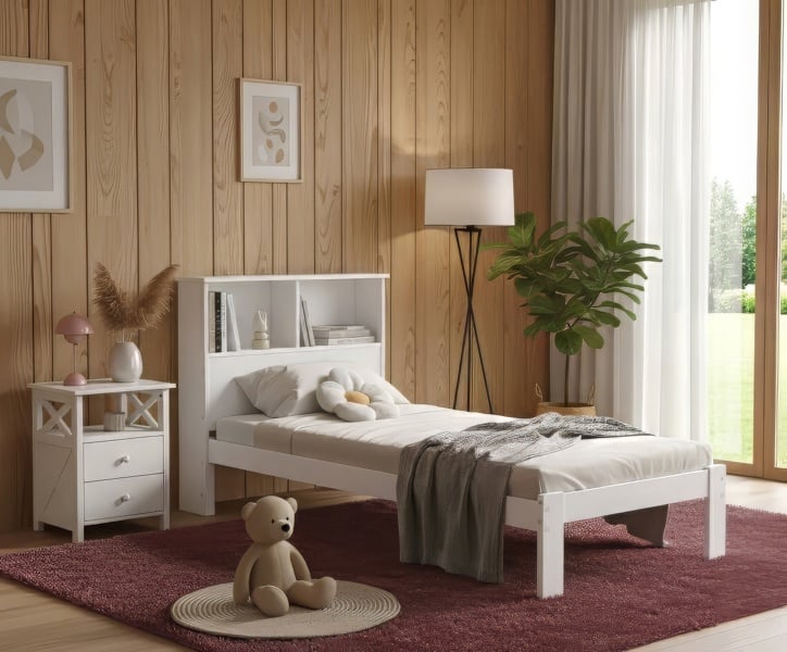 Mission TM Easton Wooden Single Bed Frame with Shelf Headboard, White or Grey