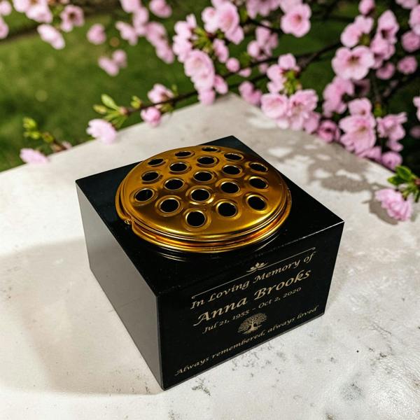 Memorials Direct Granite Memorial Vase with Tree of Life Design, Free Personalised Gold Engraving, Solid Granite 6 x 6 x 4 Inches