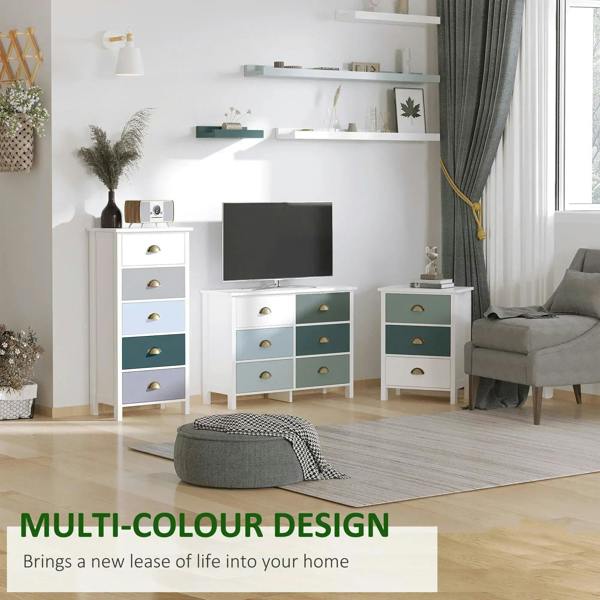 Slim 5-drawer cabinet with white frame, multi-color drawers, and gold metal handles
