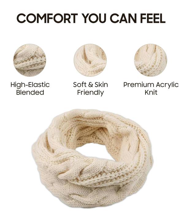VIA MONTEN Women’s Winter Scarf, Beige Cable Knit Infinity Neck Warmer Loop Scarf for Cold Weather