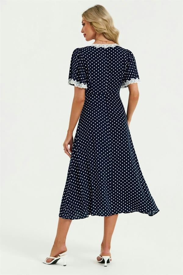 FS Collection Lace Trim Dot Print Midi Dress In Navy