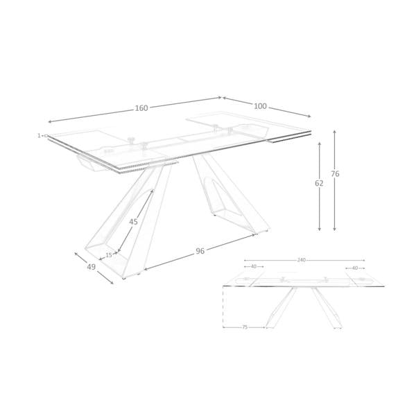 Angel Cerdá Rectangular extending dining table in tempered glass and taupe grey steel 1125