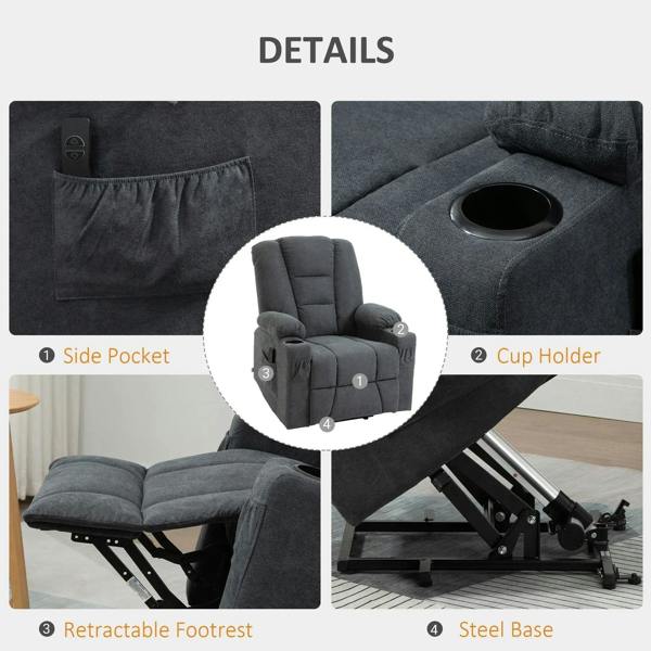 Electric riser recliner armchair detail: side pocket, cup holder, steel base