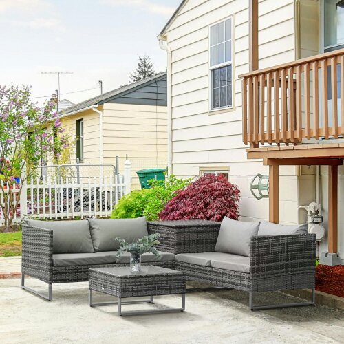 Outsunny 4Pcs Patio Rattan Sofa Garden Furniture Set with Cushion Grey