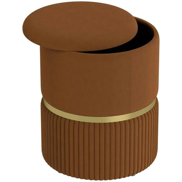 Brown round velvet-feel storage ottoman with upholstered lid and ribbed sides