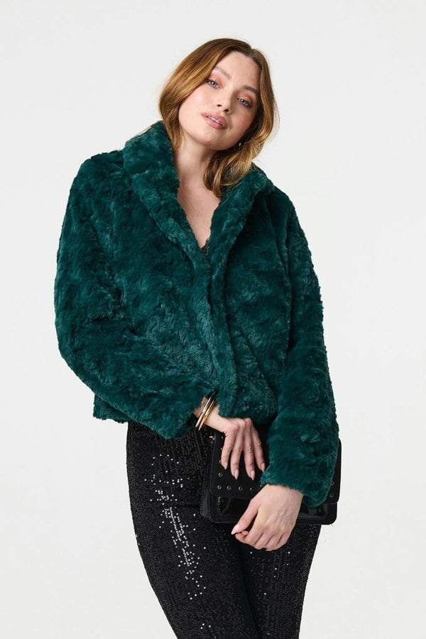 Green | Faux Fur Cropped Long Sleeve Jacket
