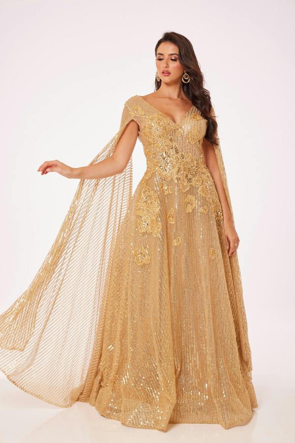 LuvForever Gold Drape Sleeve Maxi Dress