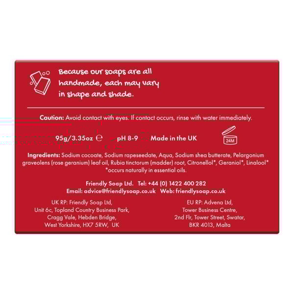 Friendly soap - rose geranium natural soap bar packaging back
