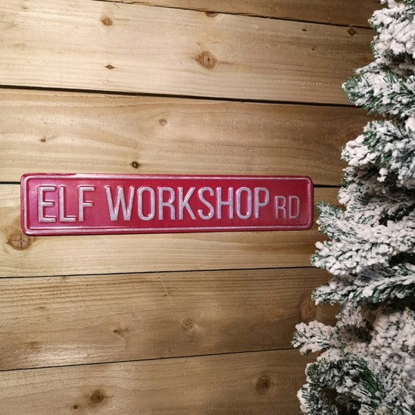 Samuel Alexander 50cm Indoor Outdoor Red Metal Elf Workshop Rd Sign Hanging Christmas Decoration
