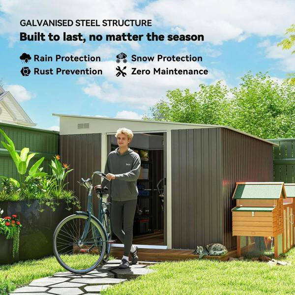 Grey metal garden storage shed with double sliding doors, exterior view
