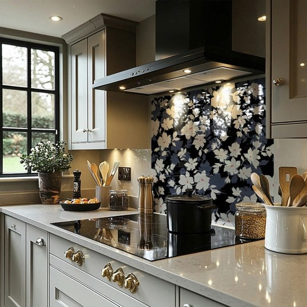 Benjamin Tate Design White Black & Purple Flowers Splash Back