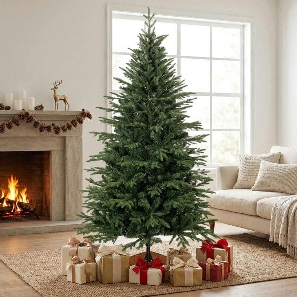 Bobobiy 180 cm Artificial Christmas Tree Full Hinged Xmas Tree Solid Pine Wood Stand, Green