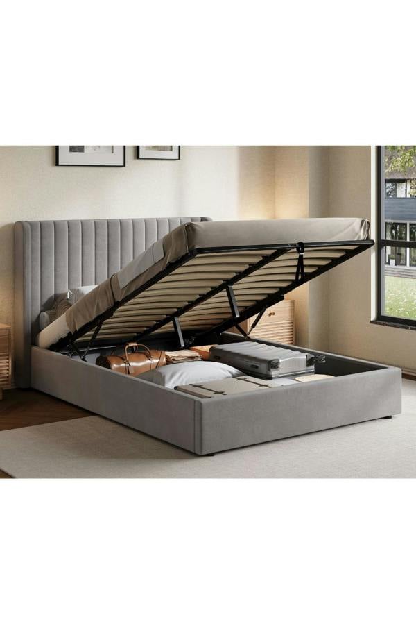 Groundlevel Belgravia Velvet Upholstered Gas Lift Ottoman Bed Frame - Silver