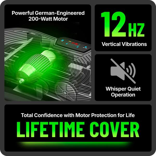 Close-up of a 200-watt motor with green light, showing vibration settings and quiet operation features.