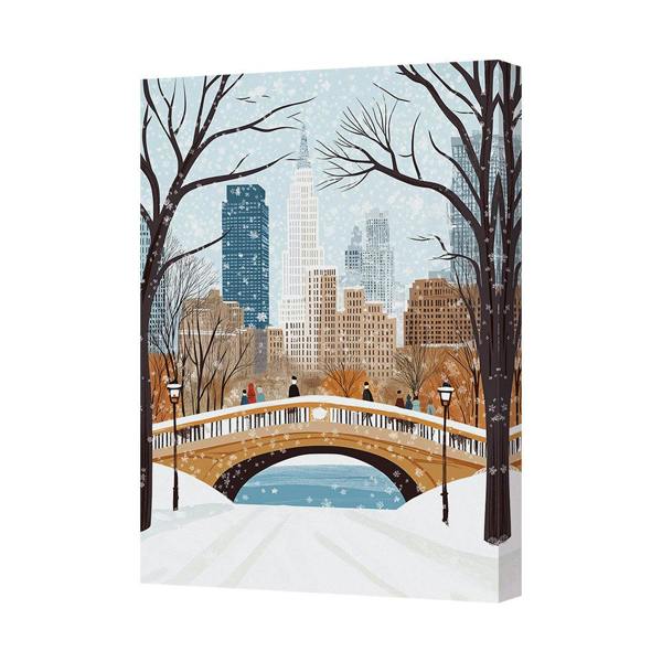 Benjamin Tate Design Winter City Park Canvas Print With Snowy Bridge Scene