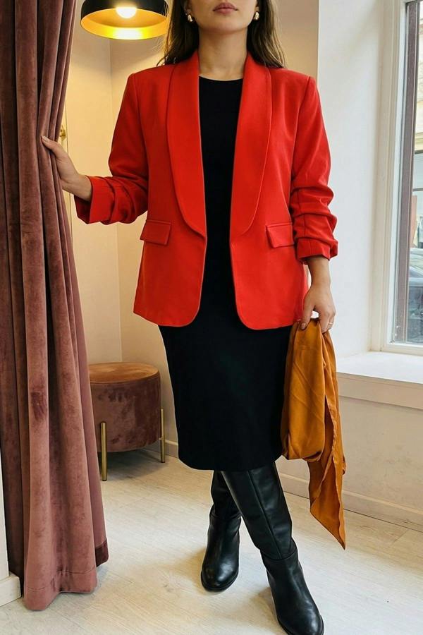 Valerie Ruched Sleeve Open Front Blazer Jacket With Front Pockets - Red