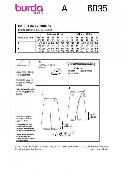 Burda Sewing Pattern 6035 Trousers For Women, 18-28 (44-54) - Easy
