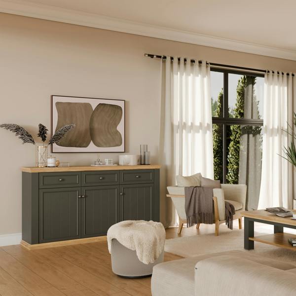 Furniture To Go Pontypool 3 Drawer & 3 Door Sideboard in Grey and Mauvella Oak