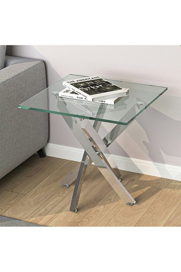 Living and Home Modern Square Tempered Glass Top Coffee End Table with Chrome Cross Leg
