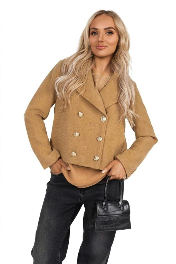 Leona Cropped Double Breasted Jacket With Luxe Button Detail - Camel_wb