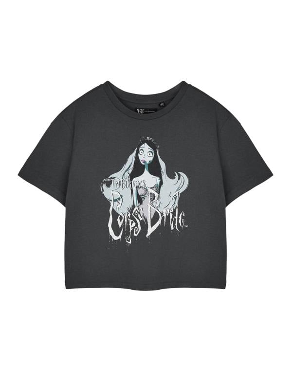 Corpse Bride Womens Grey Character Cropped Short Sleeved T-Shirt