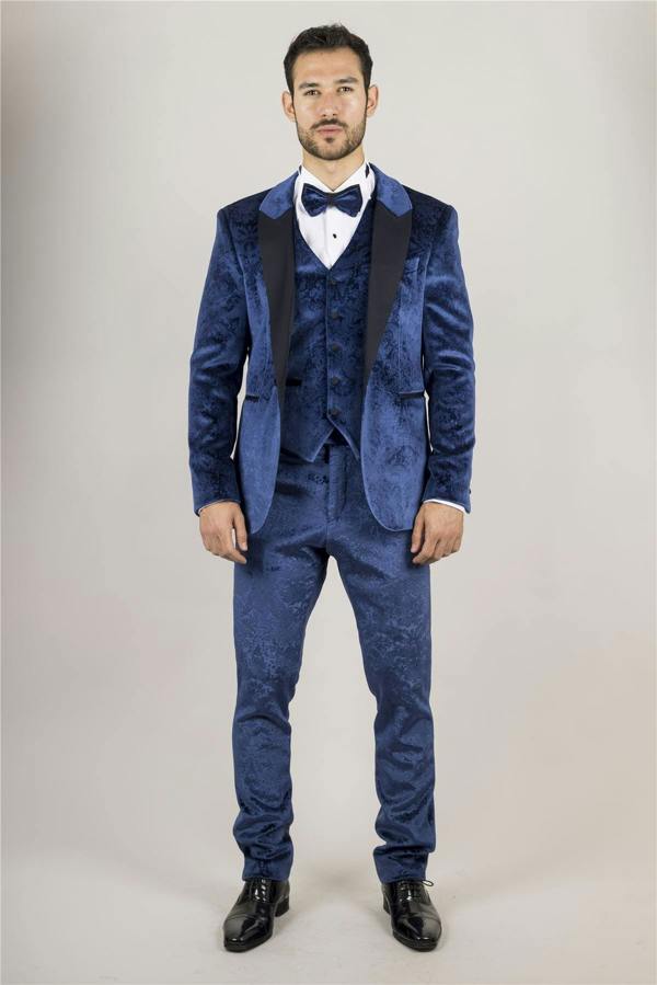 Infinity Leather Men's Blue 3 Piece Velvet Wedding Tuxedo Formal Suit