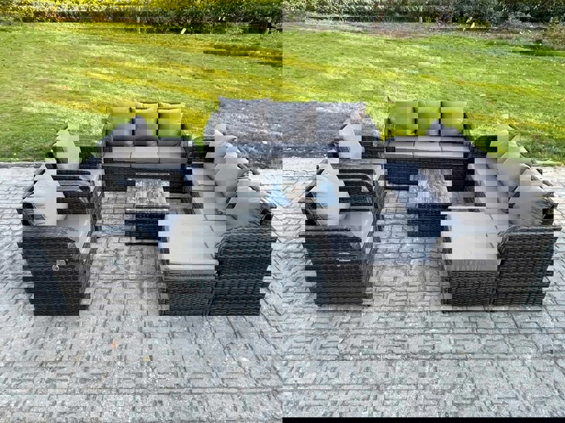 Fimous High Back Rattan Garden Furniture Set with Square Coffee Table Big Footstool Indoor Outdoor Patio Lounge Sofa Set Dark Grey Mixed