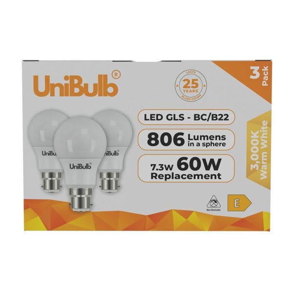 UniBulb LED GLS B22 806lm 7.3W 3000K (Warm White) Light Bulb - Pack of 3 front