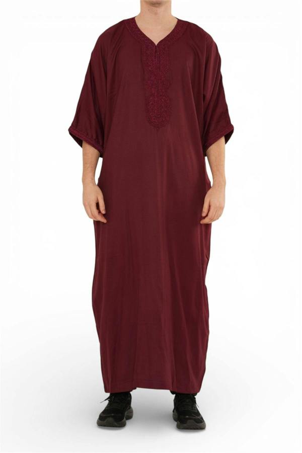 Infinity Leather Men's Moroccan Thobe Jubba Robe Djellaba Arab Short Sleeve Embroidery Gandoura