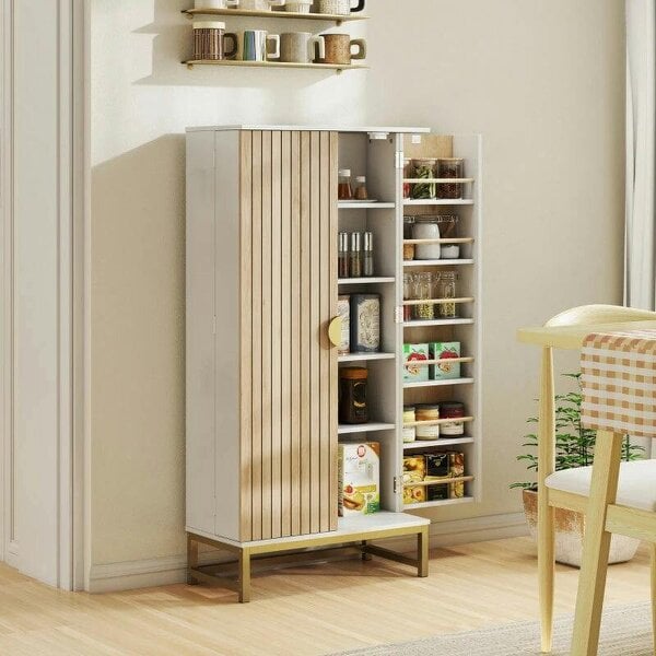 119.5 cm Kitchen Cupboard, Freestanding Kitchen Cabinet with Double Doors, 5 Tiers, 12 Spice Racks, White - White