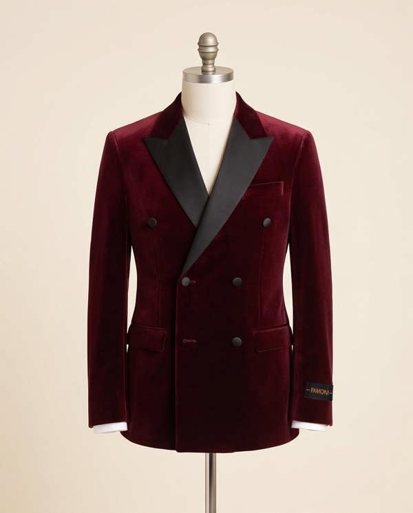 Pamoni Burgundy Double Breasted Velvet Tuxedo Blazer