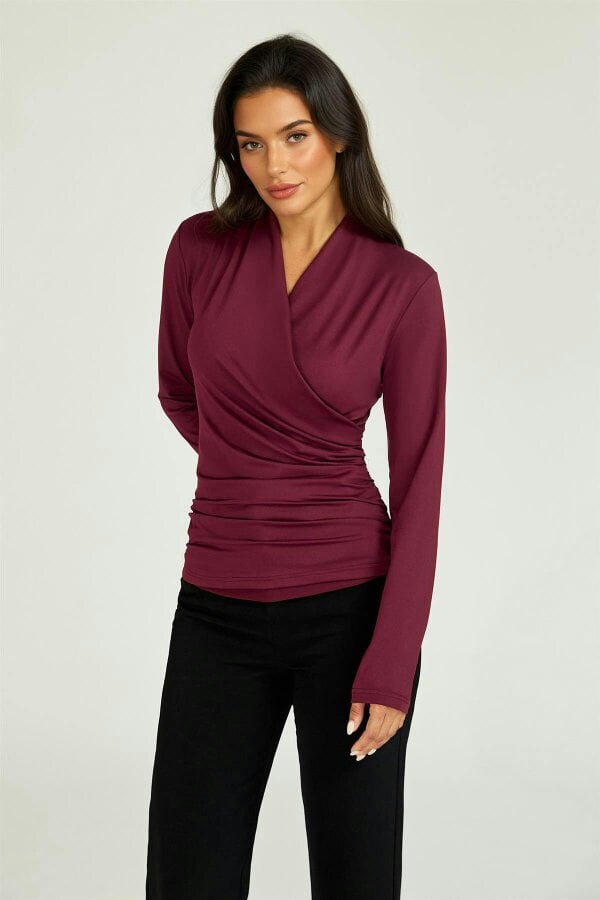 FS Collection Long Sleeve Wrap Neck Ruched Top In Wine