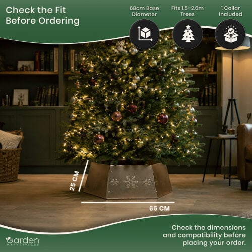 Hexagon Zinc Metal Christmas Tree Collar Stand Cover with Snowflake Pattern, Easy Screw-Together Design, Fits 1.5–2.6m Trees, 68cm x 25cm