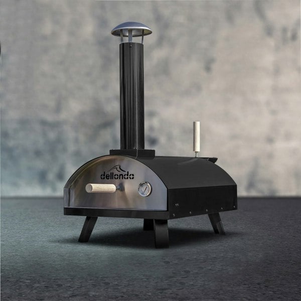 14" Portable Wood-Fired Pizza Oven Smoker & Cover Set Black Steel Outdoor Garden - LoopsDirect