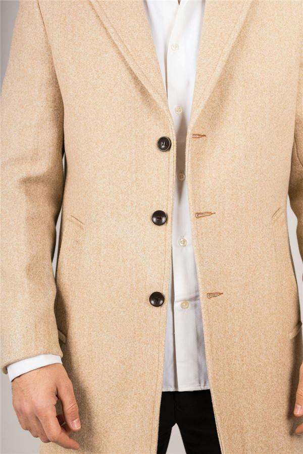 Infinity Leather Men's Notched Lapel Collar Wool Blend Beige Overcoat