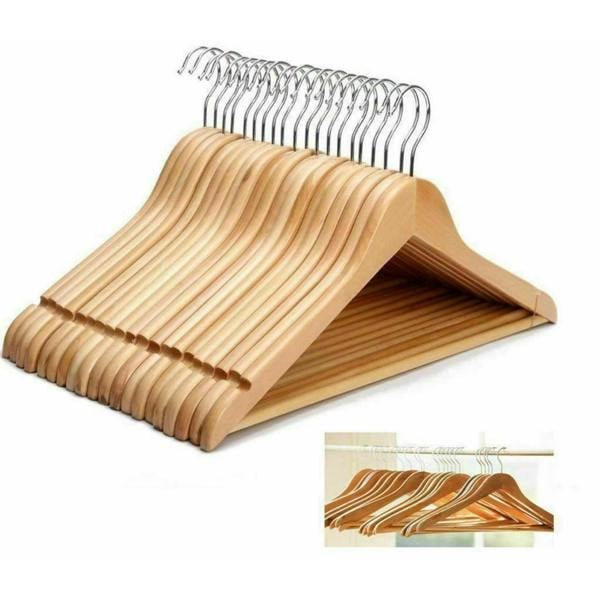 Dyzi 20 Pack Wooden Clothes Hangers 360° Swivel Hooks Trouser Bar Natural