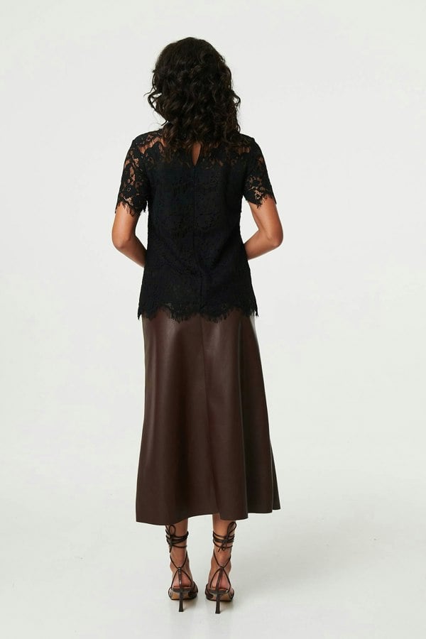 Black | Lace Overlay Short Sleeve Blouse
