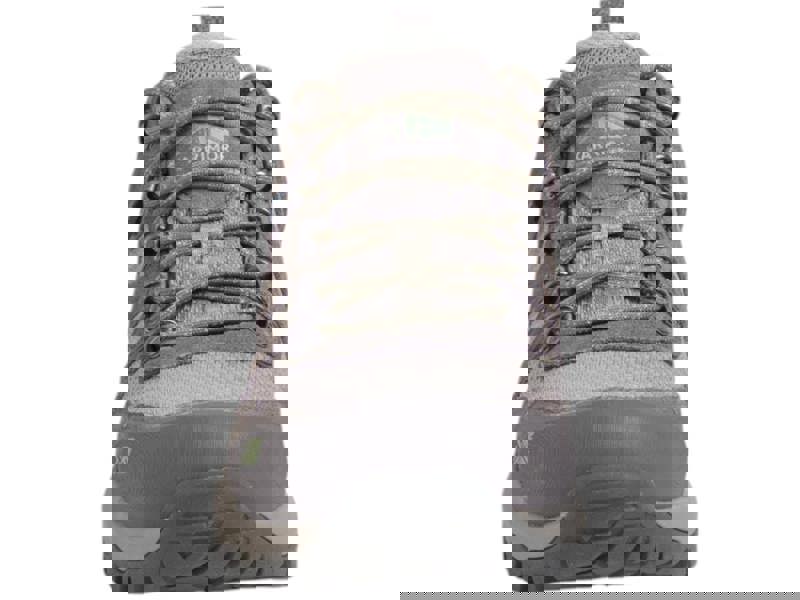 Karrimor Bodmin Low 6 Womens Waterproof Hiking Walking Trainers, front view of the taupe and grey outdoor footwear with laces and sturdy sole.