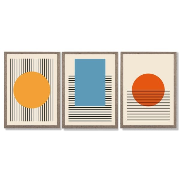 Set of 3 Geometric Yellow Blue Red Framed Art Prints with Light Walnut Frames