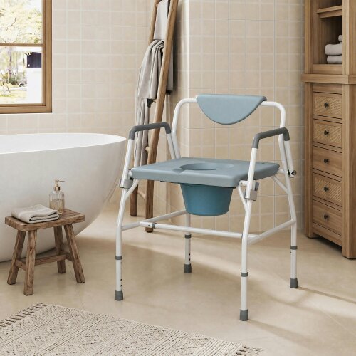 HOMCOM Height Adjustable Bedside Commode, White and Grey