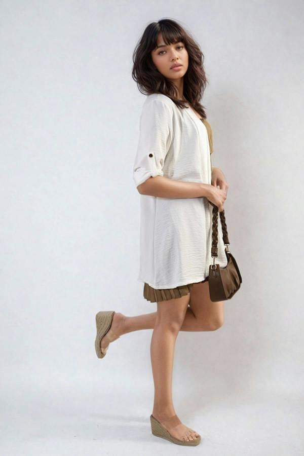 Vivian Open Front Roll Up Sleeve Cardigan - White
