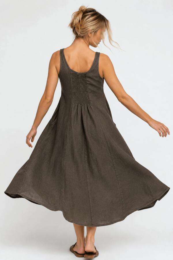 Claudio Lugli Sleeveless Scoop-Neck Linen Midi Dress with Pockets