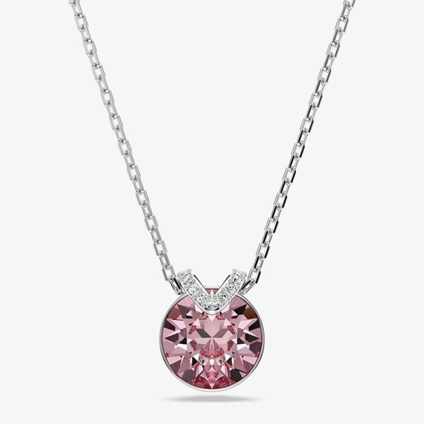 Swarovski Bella Rhodium Plated Round Pink Crystal Pendant Necklace 5734230