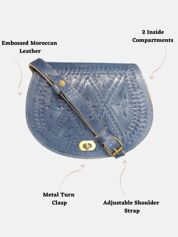 Berber Leather The Temara Embossed Saddle Bag in Navy Blue