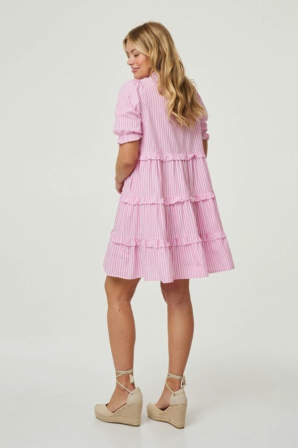 Pink | Striped 1/2 Sleeve Short Shirt Dress
