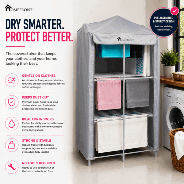 Homefront Electric Heated Clothes Airer Dryer Rack 330W Indoor 3-Tier Drier with Zip Up Cover for Even Faster Drying