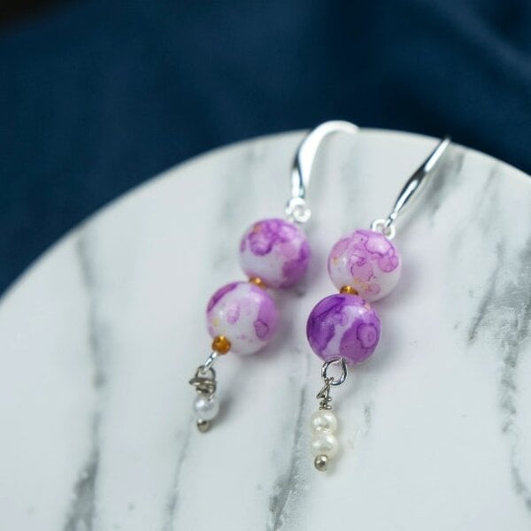 The Colourful Aura Colourful Orange Double Marble Pearl Double Simple Pearl Dangle Dainty Earrings - Purple - Purple