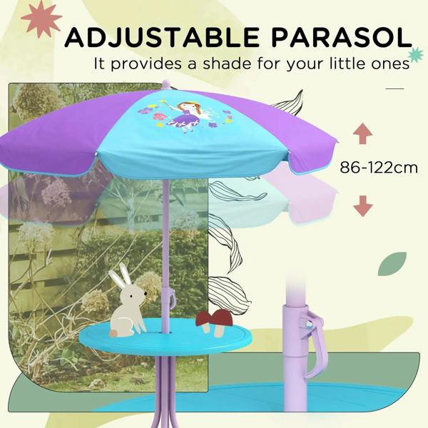 Adjustable purple-and-blue fairy parasol over a round blue kids table