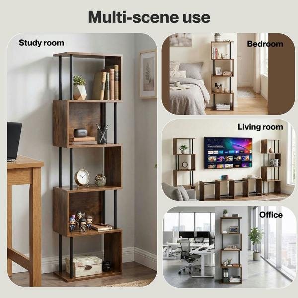 Levede 5-Tier Bookshelf S-Shaped Geometric Tall Bookcase Storage Unit Walnut