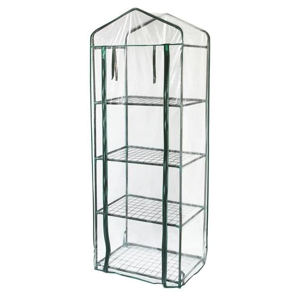 Mini greenhouse with four tiers, transparent plastic cover, green frame, and wire shelves, ideal for indoor or outdoor plant growth